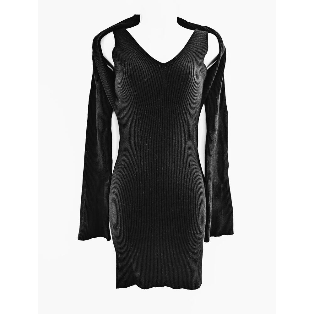 Stitches & Stripes Black Ribbed Knit V-Neck Mini Dress Long Sleeve Cold Shoulder - Picture 5 of 13